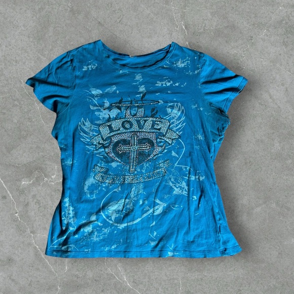 Vintage Y2K Shirt Women 1X Blue Grunfe Skater Cyber Goth Jewel Dazzle Affliction - Picture 1 of 8
